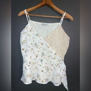 Anthropologie Floral Faux Wrap Camisole Tank by Paper Cranes Large Side Ribbon